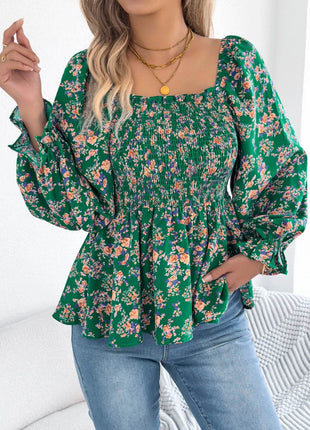 Floral Square Neck Flounce Sleeve Blouse - MimiStylez