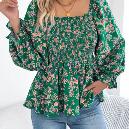 Floral Square Neck Flounce Sleeve Blouse - MimiStylez
