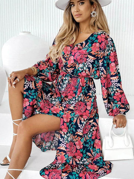 Printed Long Sleeve Slit Dress - MimiStylez