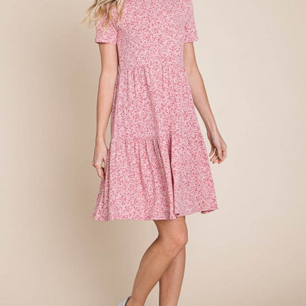 BOMBOM Printed Short Sleeve Mini Dress - MimiStylez