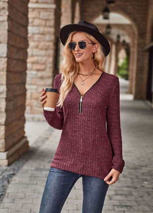 Half-Zip V-Neck Long Sleeve Top - MimiStylez