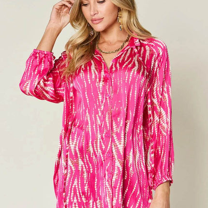 Double Take Full Size Printed Button Up Long Sleeve Shirt - MimiStylez