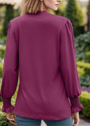 Notched Smocked Flounce Sleeve Blouse - MimiStylez