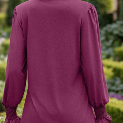 Notched Smocked Flounce Sleeve Blouse - MimiStylez