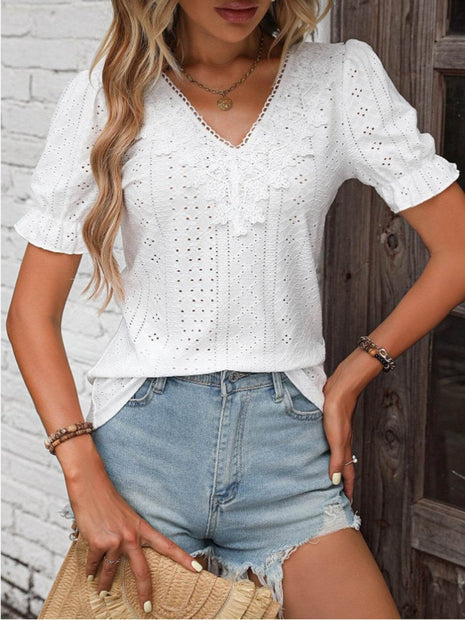Eyelet Lace Detail V-Neck Flounce Sleeve Blouse - MimiStylez