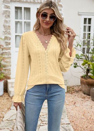 Eyelet Lace Trim Flounce Sleeve Blouse - MimiStylez