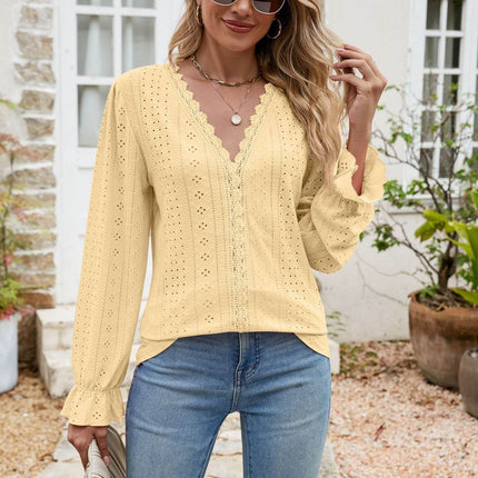 Eyelet Lace Trim Flounce Sleeve Blouse - MimiStylez