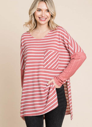 Culture Code Oversize Striped Round Neck Long Sleeve Slit T-Shirt - MimiStylez
