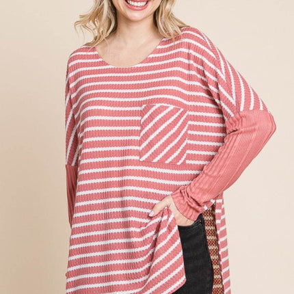 Culture Code Oversize Striped Round Neck Long Sleeve Slit T-Shirt - MimiStylez