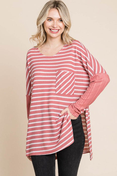 Culture Code Oversize Striped Round Neck Long Sleeve Slit T-Shirt - MimiStylez