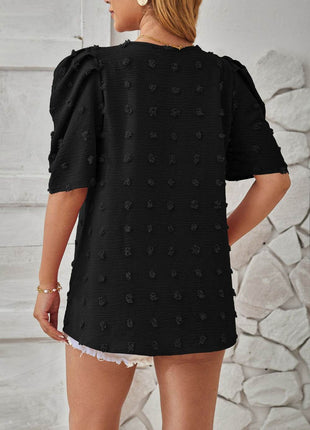 Swiss Dot Round Neck Short Sleeve Blouse - MimiStylez