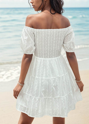 Smocked Eyelet Off-Shoulder Mini Dress - MimiStylez