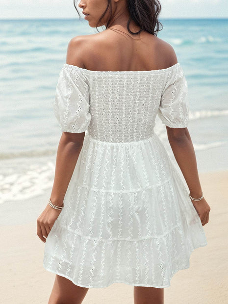 Smocked Eyelet Off-Shoulder Mini Dress - MimiStylez