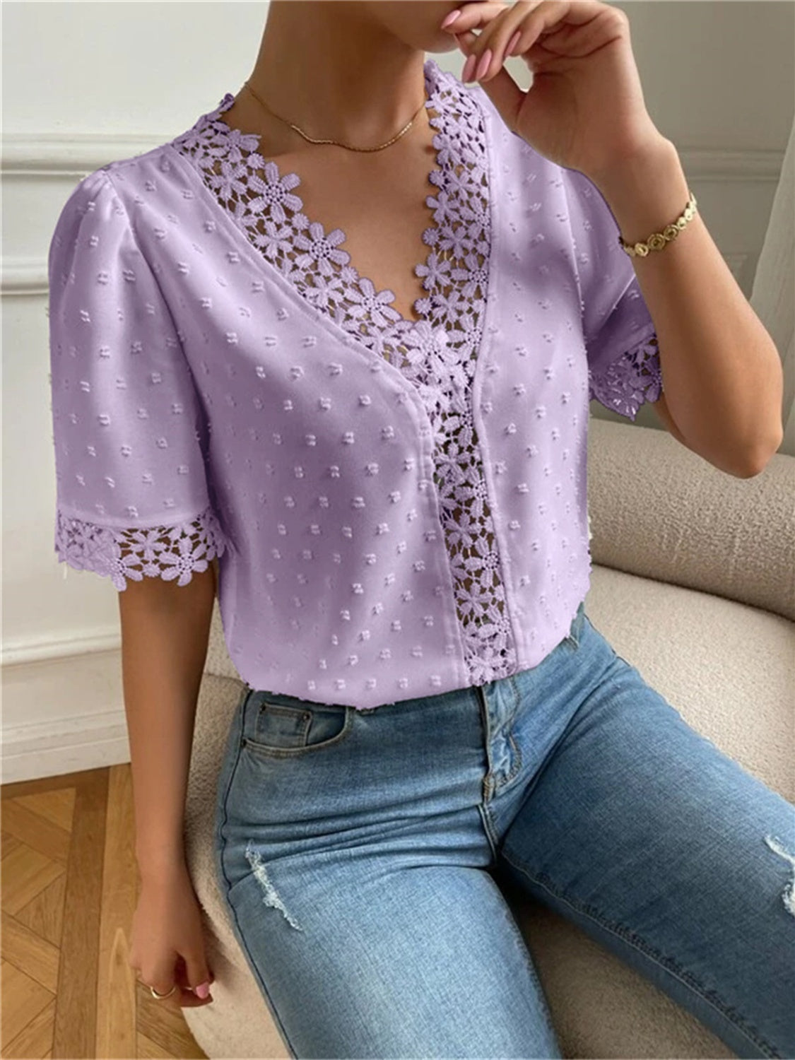 Swiss Dot V-Neck Short Sleeve Blouse