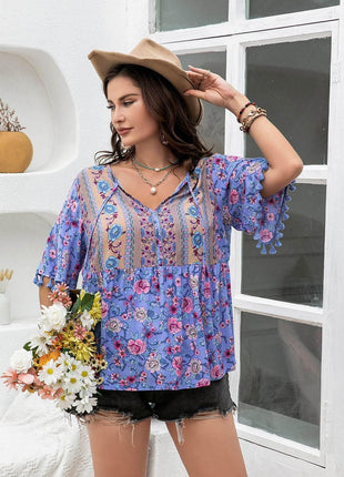 Plus Size Printed V-Neck Half Sleeve Blouse - MimiStylez