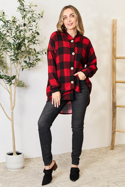 Heimish Full Size Plaid Button Front Hooded Shirt - MimiStylez