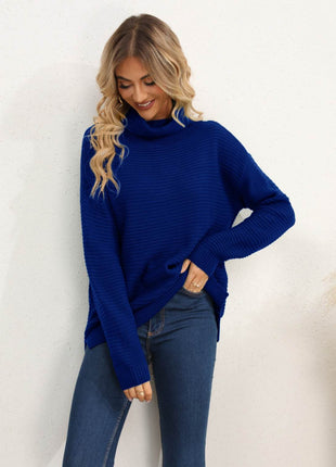 Slit Turtleneck Dropped Shoulder Sweater - MimiStylez