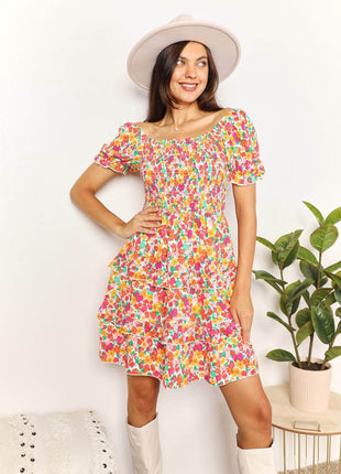 Smocked Sweetheart Neck Flounce Sleeve Mini Dress - MimiStylez