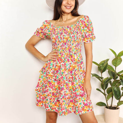 Smocked Sweetheart Neck Flounce Sleeve Mini Dress - MimiStylez