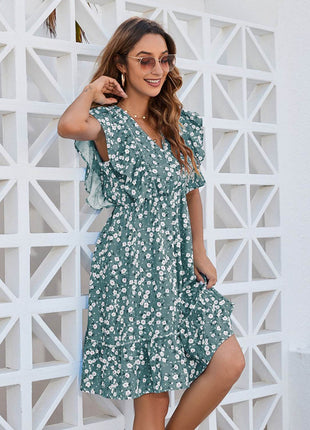 Ruffled Ditsy Floral Surplice Mini Dress - MimiStylez