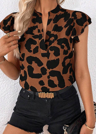 Leopard Notched Cap Sleeve Blouse - MimiStylez