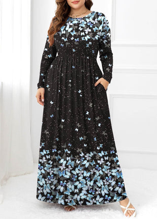 Plus Size Round Neck Maxi Dress with Pockets - MimiStylez