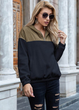 Pocketed Color Block Quarter Zip Hoodie - MimiStylez