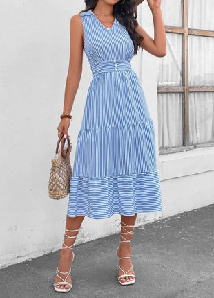 Striped Johnny Collar Sleeveless Midi Dress - MimiStylez