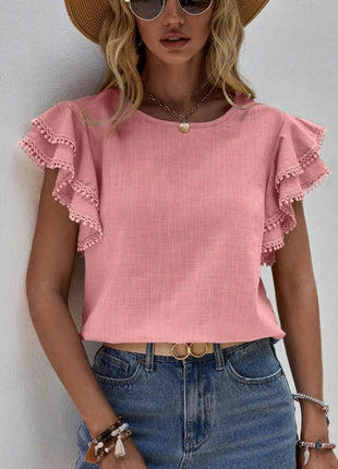 Ruffled Cap Sleeve Round Neck Blouse - MimiStylez