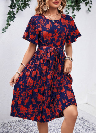 Printed Round Neck Short Sleeve Dress - MimiStylez