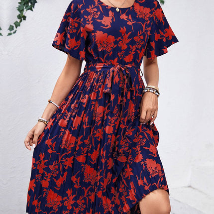 Printed Round Neck Short Sleeve Dress - MimiStylez