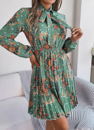 Pleated Printed Tie Neck Long Sleeve Dress - MimiStylez