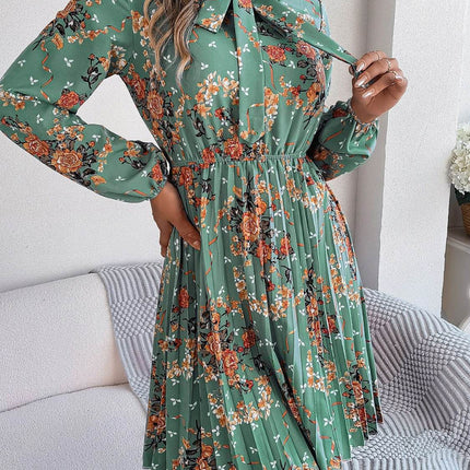 Pleated Printed Tie Neck Long Sleeve Dress - MimiStylez