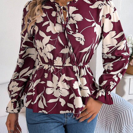 Printed Tie Neck Flounce Sleeve Blouse - MimiStylez