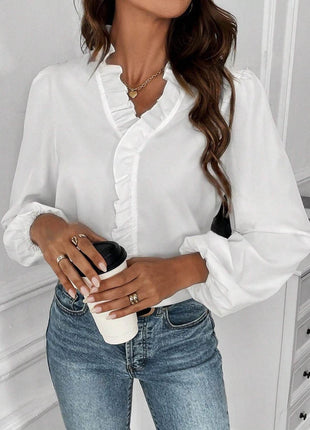 Ruffled V-Neck Long Sleeve Blouse - MimiStylez
