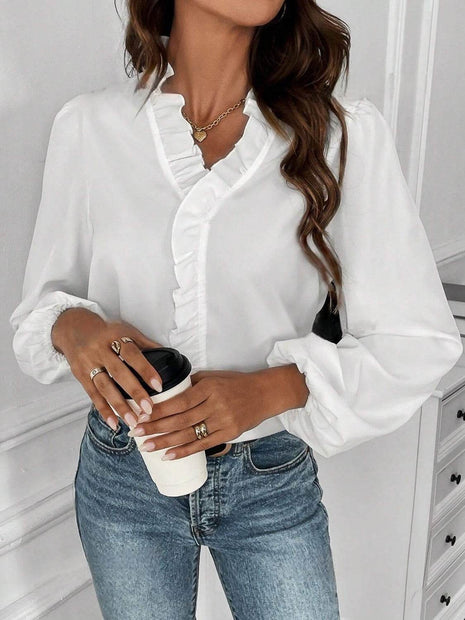 Ruffled V-Neck Long Sleeve Blouse - MimiStylez