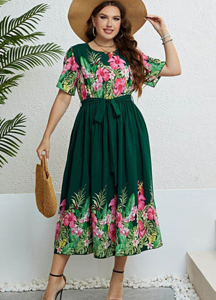 Floral Tie-Waist Round Neck Dress - MimiStylez