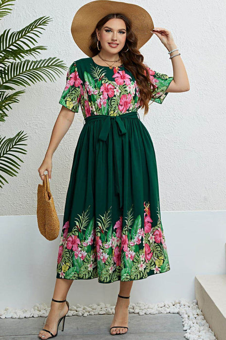 Floral Tie-Waist Round Neck Dress - MimiStylez