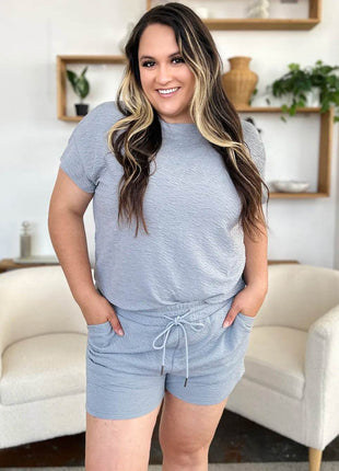 Double Take Full Size Texture Short Sleeve T-Shirt and Drawstring Shorts Set - MimiStylez