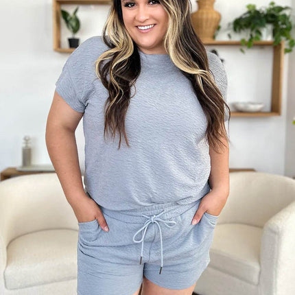 Double Take Full Size Texture Short Sleeve T-Shirt and Drawstring Shorts Set - MimiStylez