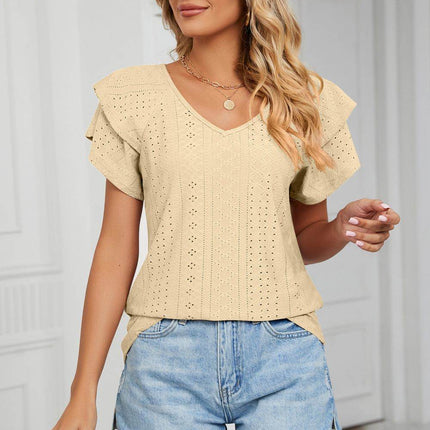 Eyelet Layered Flutter Sleeve V-Neck Knit Top - MimiStylez