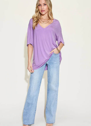 Basic Bae Full Size Bamboo V-Neck Drop Shoulder T-Shirt - MimiStylez