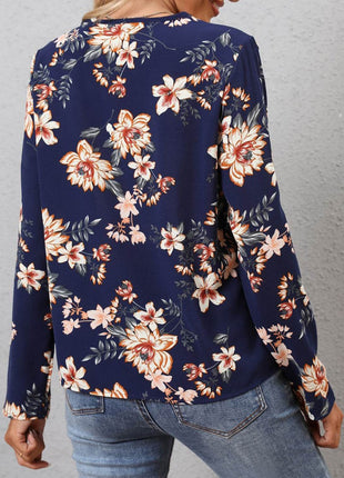 Printed V-Neck Long Sleeve Blouse - MimiStylez