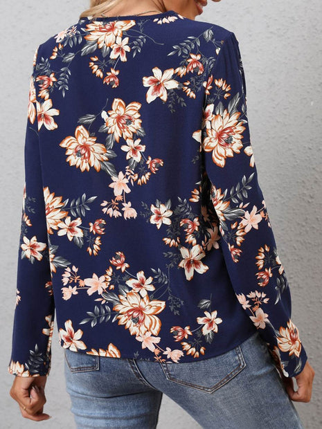 Printed V-Neck Long Sleeve Blouse - MimiStylez