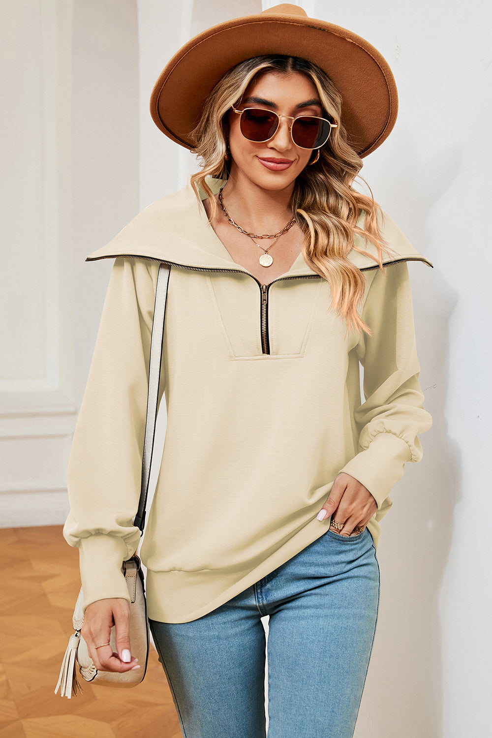 Half Zip Lantern Sleeve Sweatshirt