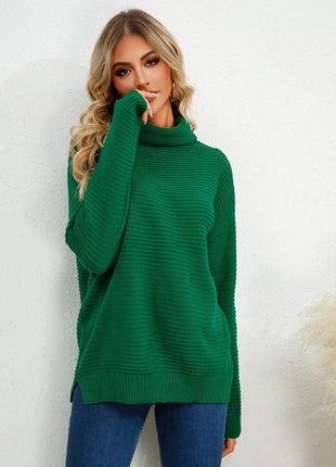 Slit Turtleneck Dropped Shoulder Sweater - MimiStylez