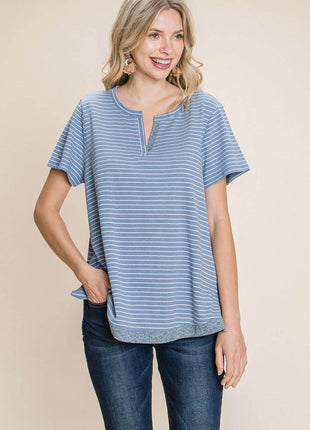 Cotton Bleu by Nu Lab Slit Striped Notched Short Sleeve T-Shirt - MimiStylez
