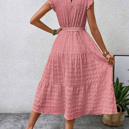 Tied Ruffled Cap Sleeve Midi Dress - MimiStylez