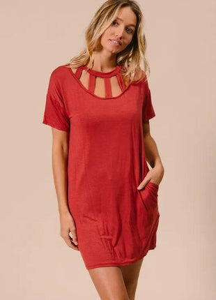 BiBi Front Cutout Mini Tee Dress with Pockets - MimiStylez