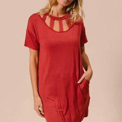 BiBi Front Cutout Mini Tee Dress with Pockets - MimiStylez